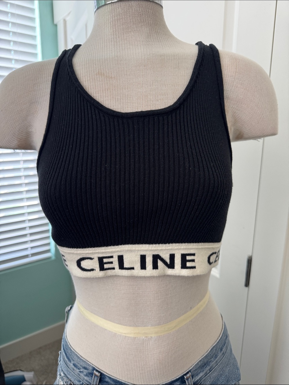 Black Ribbed Logo Band Sports Bra with Cream Elastic